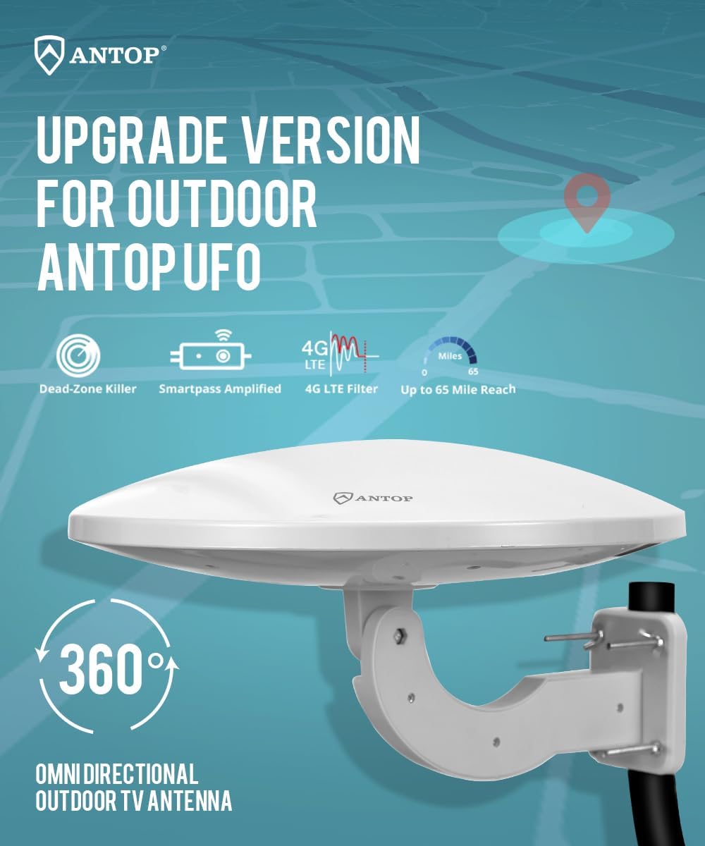 ANTOP TV Antenna for Local Channels, Outdoor HDTV Antenna for Digital Smart TV, Omni Directional UFO Amplified 360 High Reception for RV/Marine 65 Miles Long Range with 33ft Coaxial Cable