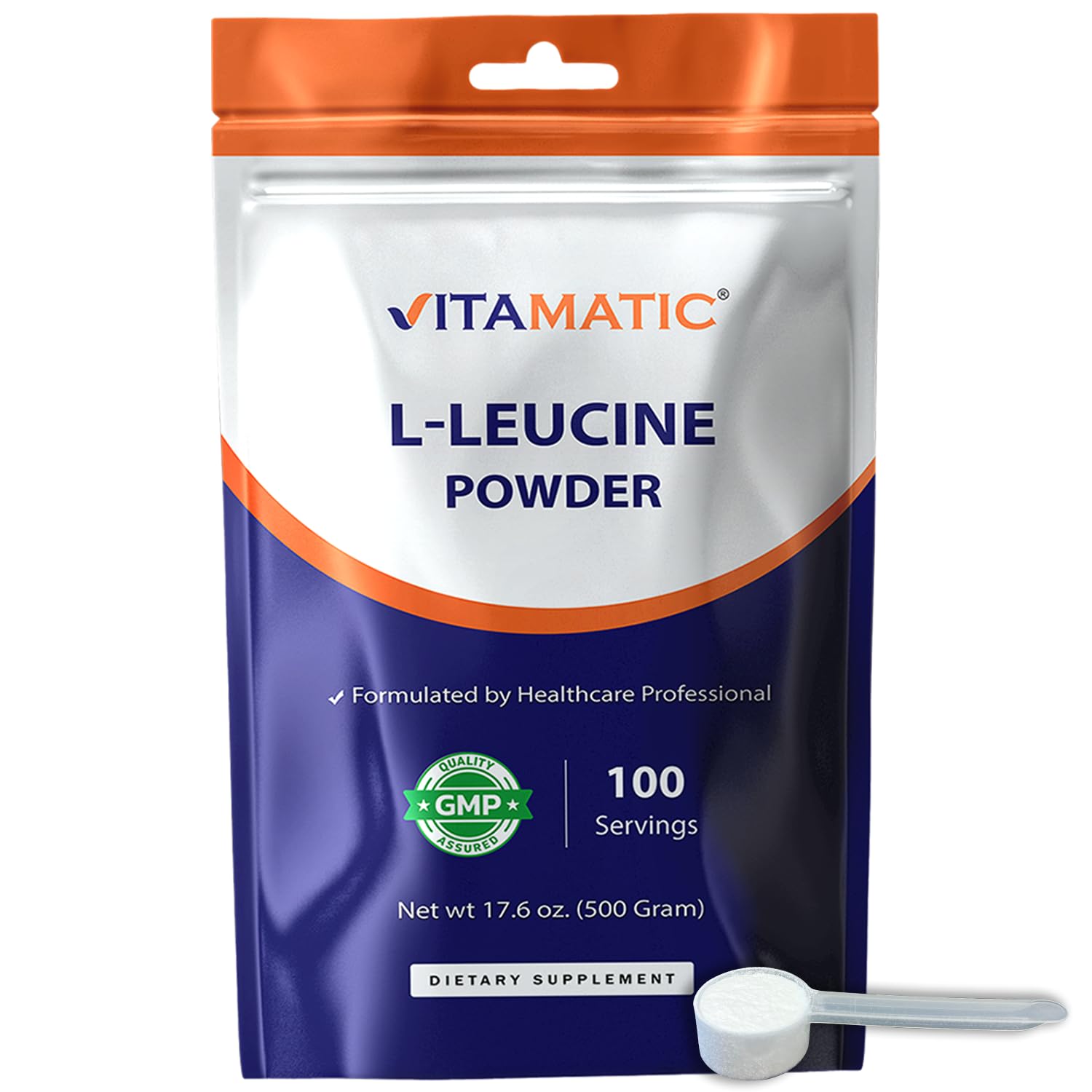 Vitamatic L-Leucine Powder 500g (17.6 oz), 5g Per Serving, Pure Amino Acid Supplement, Unflavored, Non-GMO, Gluten Free, Supports Muscle Recovery & Protein Synthesis, 100 Servings