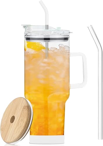 Vaso de vidrio con tapa y popotes, taza de vidrio de gran capacidad de 40 onzas con asa, vasos para beber con posavasos de silicona, taza de agua de