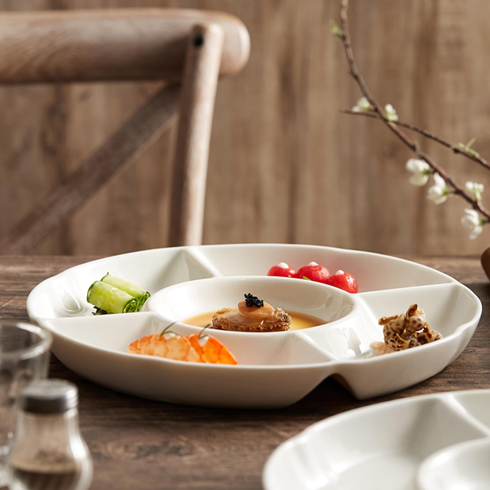 ZENFUN Set di 3 piatti per antipasti, piatti da portata divisi in porcellana da 30,5 cm, vassoio per condimento, piatti da portata a 5 sezioni, per snack, antipasti, caramelle e noci, formaggio, olive