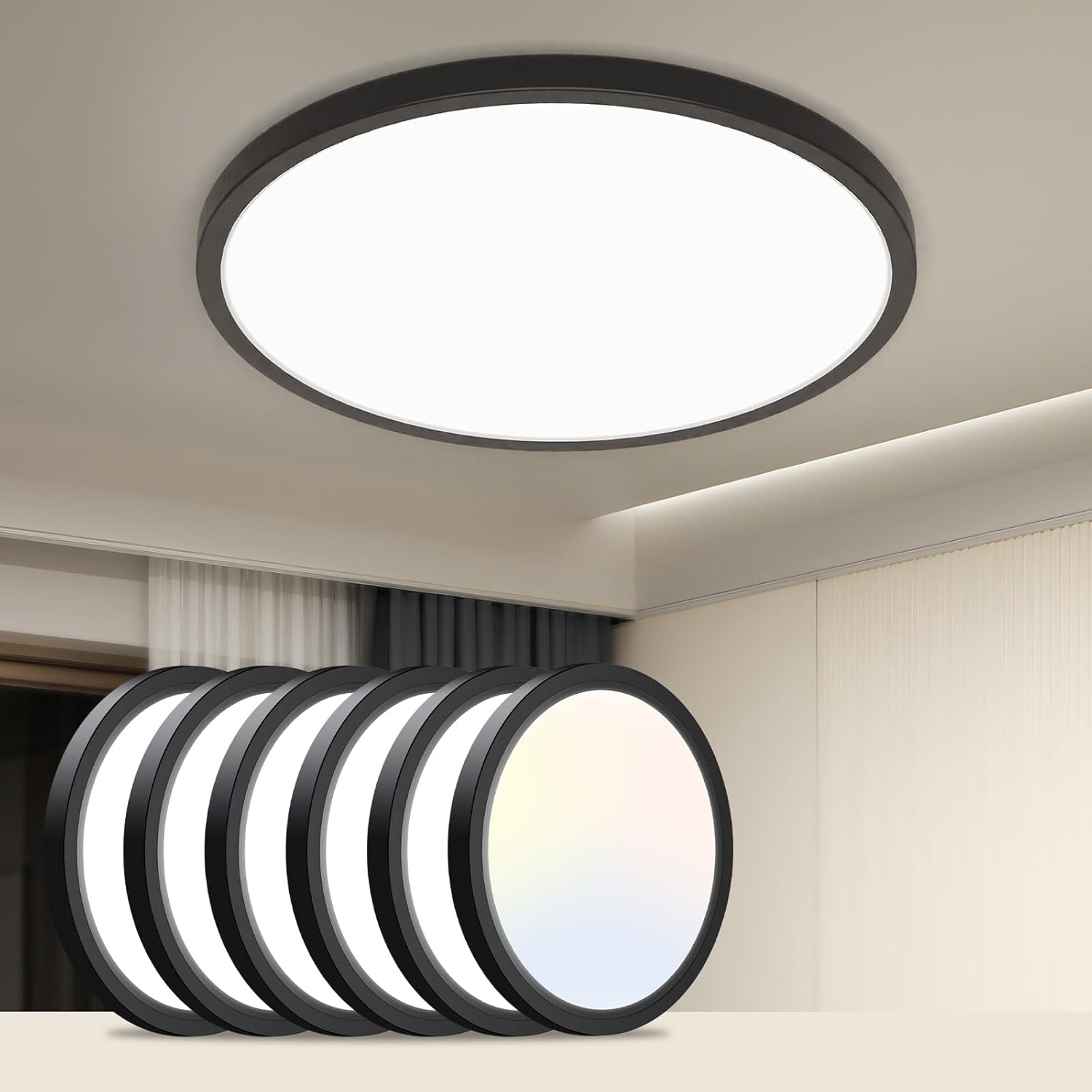 slochi 6Pack LED Flush Mount Ceiling Light Fixture, 9 Inch Light Fixture, 3000K-4000K-6500K Round Flat Bedroom Lights, Closet Round Surface for Bathroom Laundry Bedroom Hallway