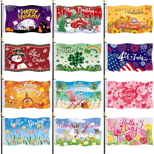 Seasonal Garden Flags Set of 12-3x5 ft Large Outdoor Yard Flags for All Seasons, Fall, Winter, Halloween, and Christmas - Holiday House and Garden Flags for Outside Decor