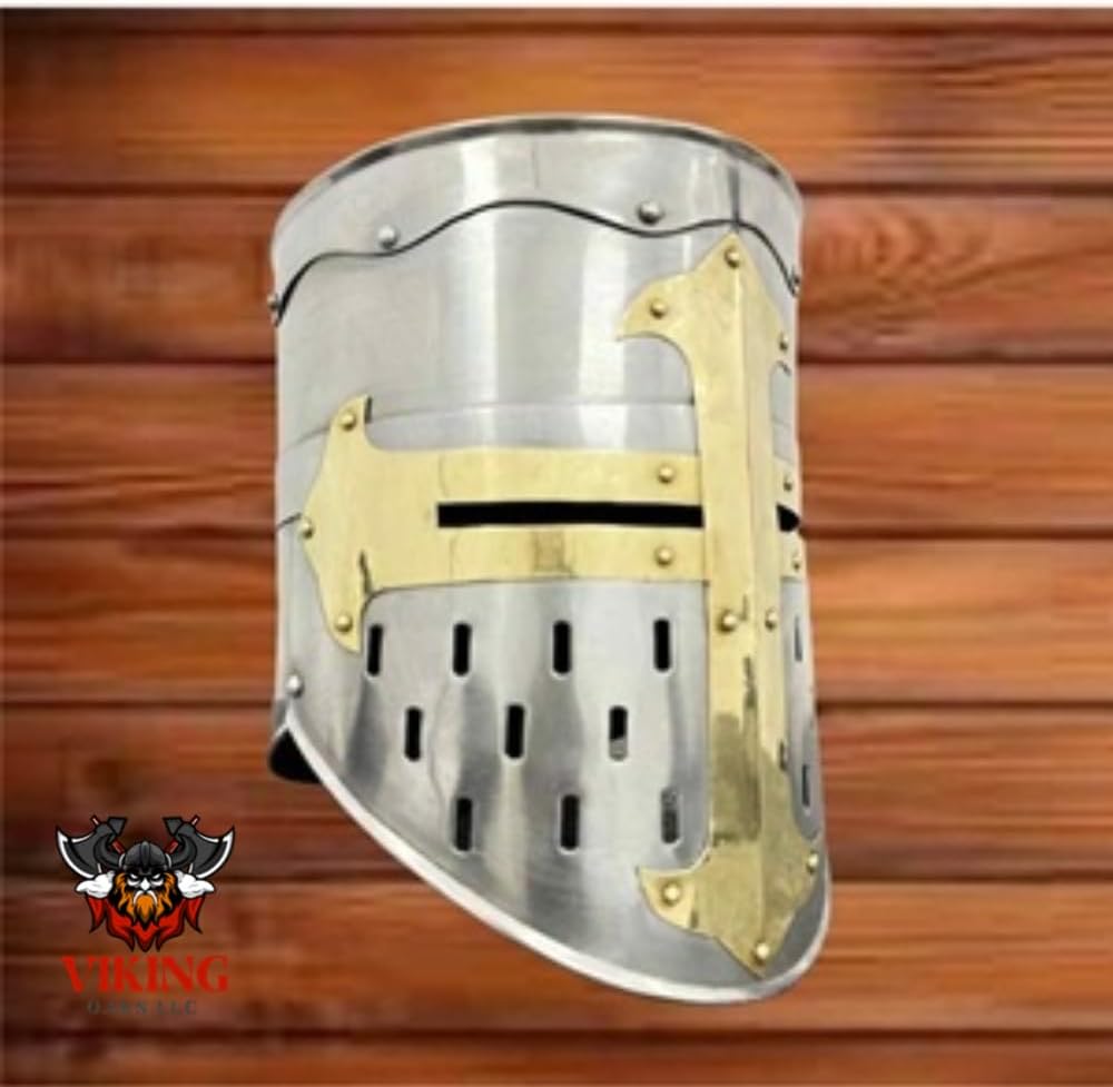 Medieval Templar Crusader Knight Armor Helmet | Greek Roman Spartan Armour | Silver Gold Antique Helm A+ | Wearable Free-Size for Adult Costumes