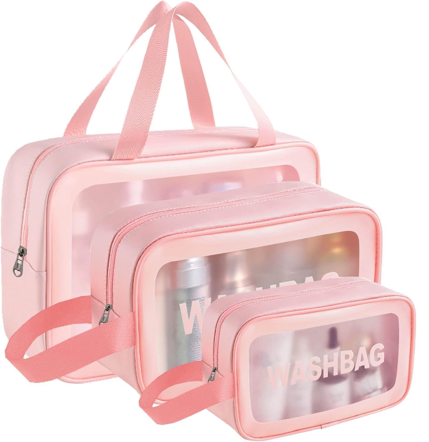 WASHBAG Clear Travel Toiletry Bags Set, 3-Pack Waterproof Semi-Transparent Organizers with Handles, Portable Storage Pouches for Cosmetics, Makeup, Bathroom Accessories (Peach)-image-43