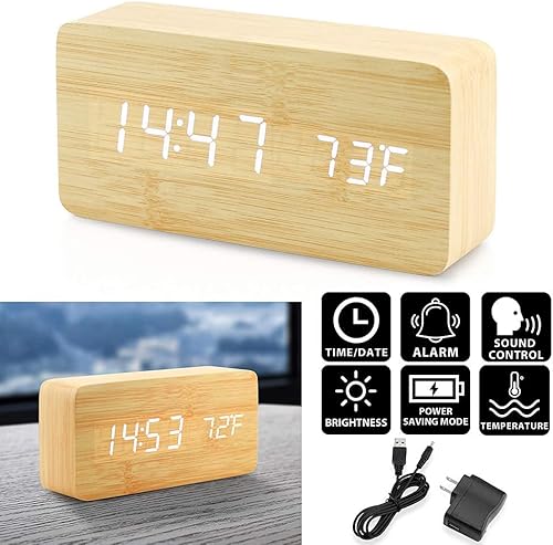 Miniatura 2 de OCT17 Reloj despertador digital de madera, reloj despertador LED multifunción de madera con fuente de alimentación USB, control de voz,
