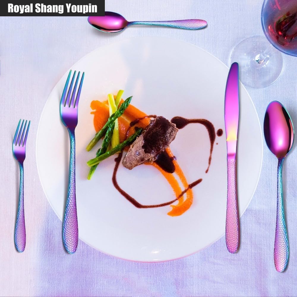 Hammer Strike Snakeskin Pattern Handle Kitchen Stainless Steel Silverware Tableware Flatware Cutlery Set Steak Knife Fork Spoon Teaspoon (Multicolor,20 pieces)