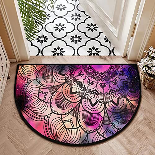 Cfpolar Mandala Half Round Doormat, Ethnic Flower Non-Slip Half Circle Area Rug, Washable Floor Mats Durable Runner Mat For Living Room Bedroom Kitchen Indoor Home & Winter Decor -Purple #TOP1