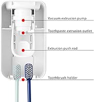 Vista 5 de Soporte para cepillos de dientes con 2 ranuras y dispensador de pasta de dientes montado en la pared, exprimidor automático de pasta de dientes