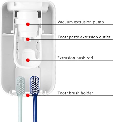 Miniatura 5 de Soporte para cepillos de dientes con 2 ranuras y dispensador de pasta de dientes montado en la pared, exprimidor automático de pasta de dientes,