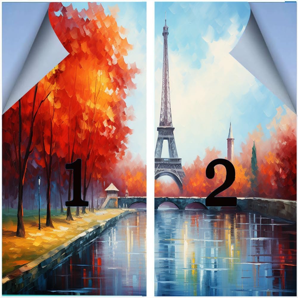 Abstract Iron Tower Stained Glass Window Film Cityscape Colorful City Contemporary Privacy Window Film Glass Door Covering Non-Adhesive Window Stickers for Room Kitchen 23.6Wx35.4L-inch x2 Pcs
