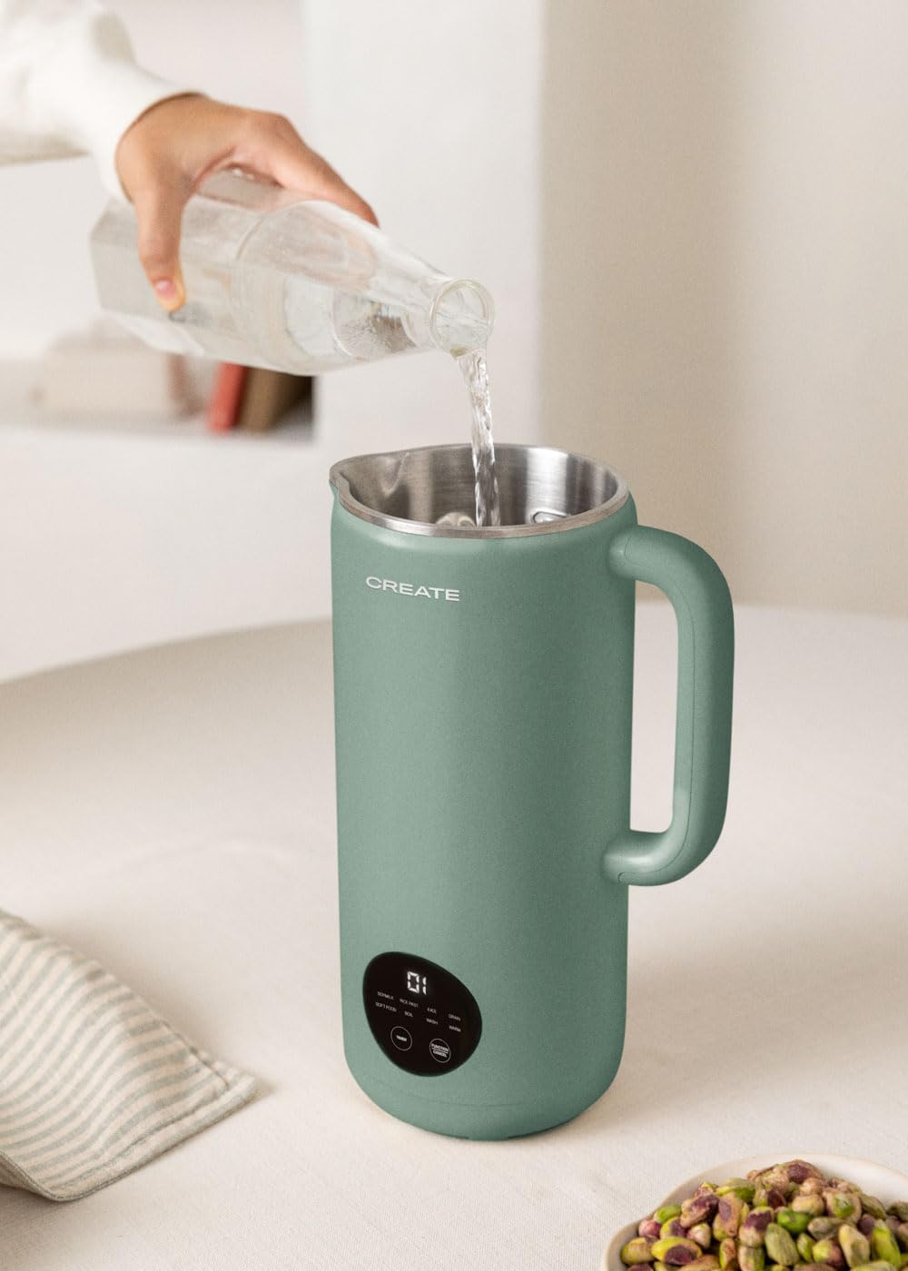 CREATE/VEGAN MILK MAKER/Máquina multifunción para leches vegetales verde sage/Programable hasta 12h, 6 programas automáticos, 800ml, 2 en 1, sin grumos, 600W