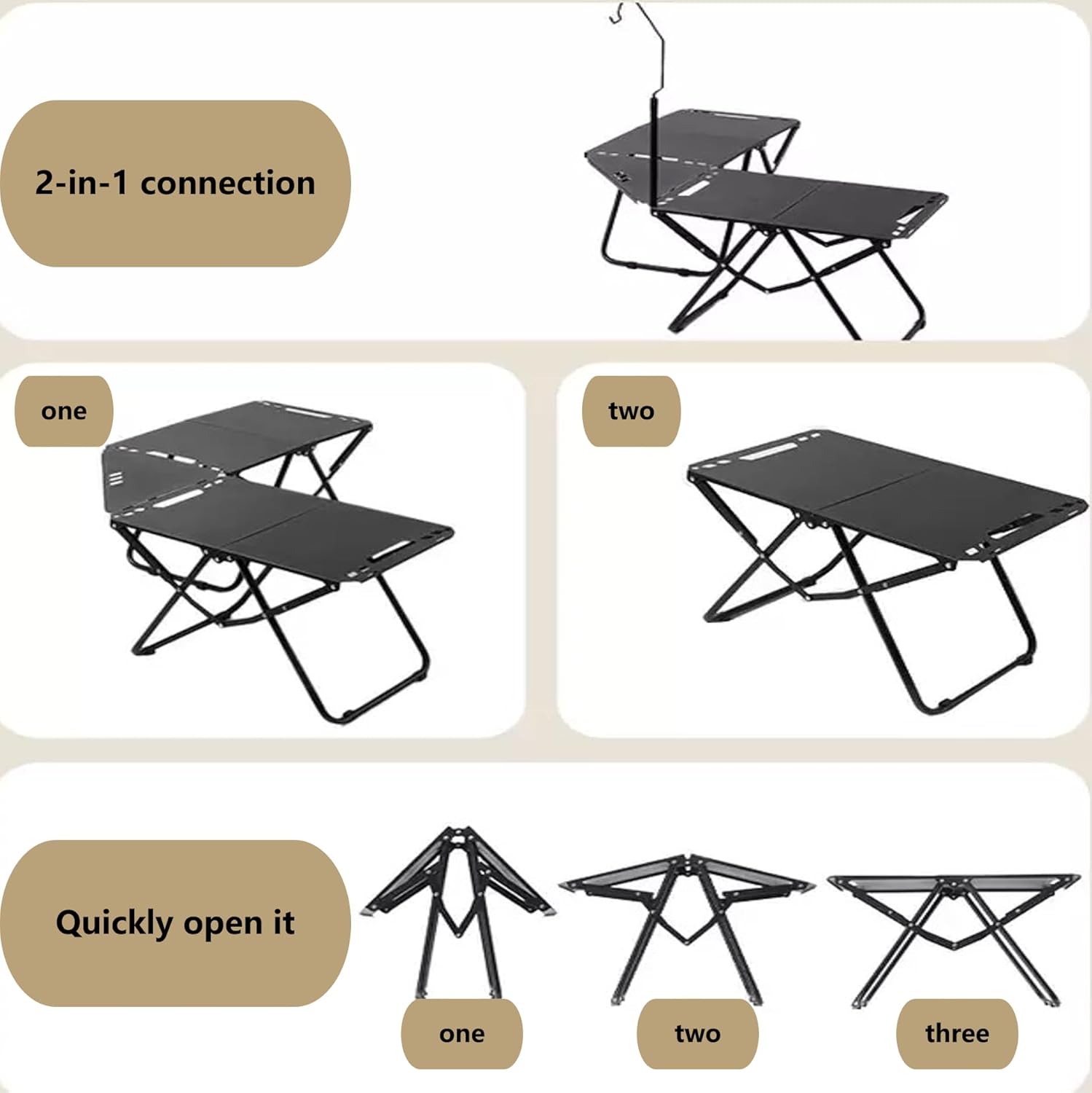 Outdoor portable folding carbon steel camping table, suitable for camping, barbecue, picnic, RV, outdoor cooking, travel - single or set (Black combination set, inch, 6.3, inch, 19.7, inch, 15.5)