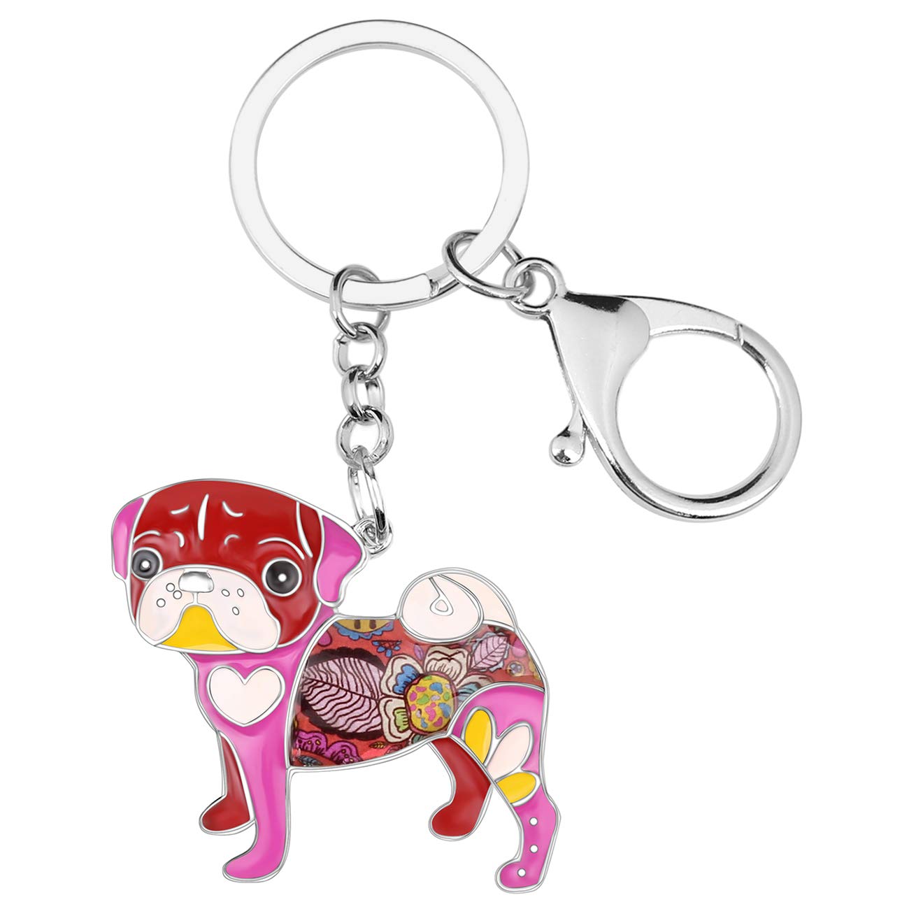 BONSNY Enamel Metal Floral Pug Dog Keychains for Women Key Car Purse Bags Charms (Red)