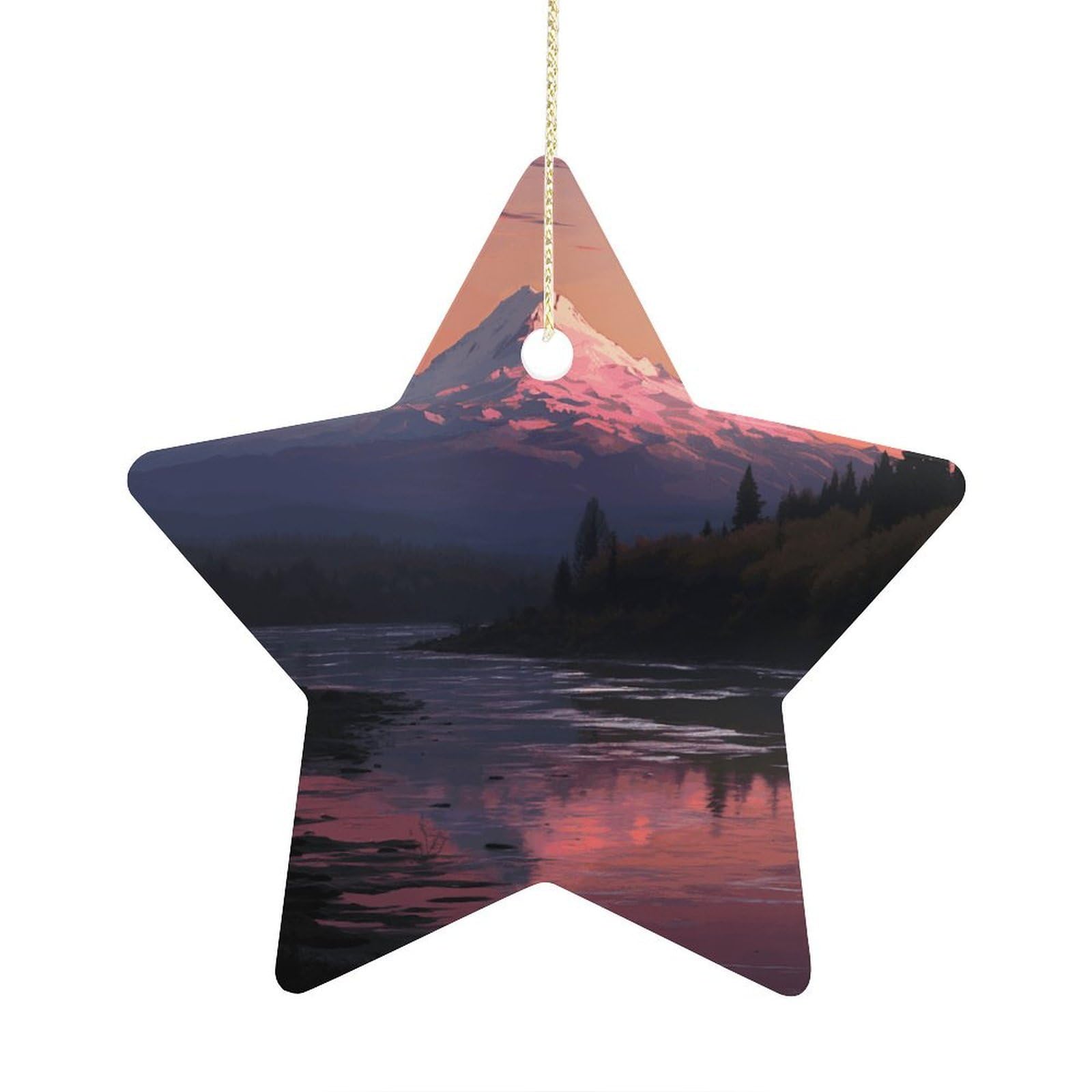 Sunset Landscape Mountains Lake Stars Ornaments Ceramic Christmas Tree Hanging Light in Weight Christmas Star Pendants Funny Double-Sided Printed Xmas Ornaments for Gifts