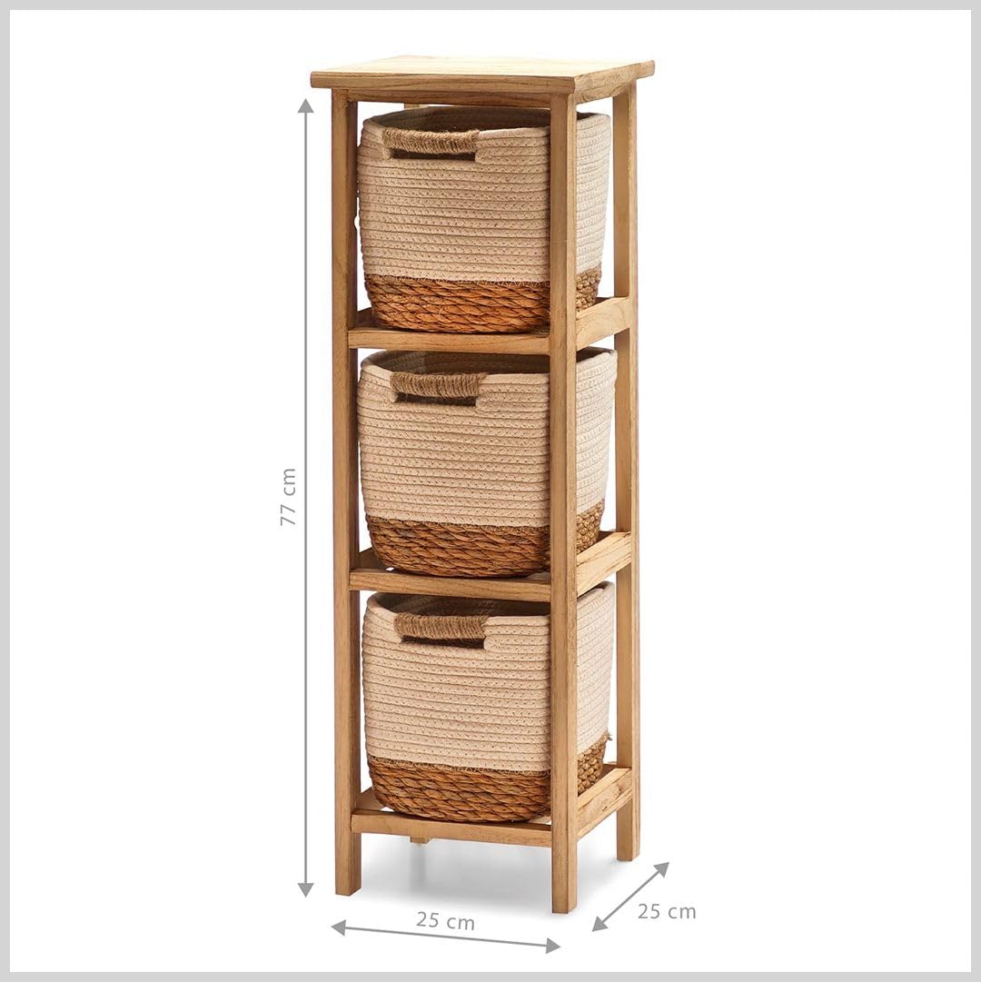 Cassettiera Comò Multiuso in Legno Naturale, Cassetti, Salvaspazio, per Bagno, Cucina e Sala, Uso Interno ed Esterno (3 ceste 25x25x77)