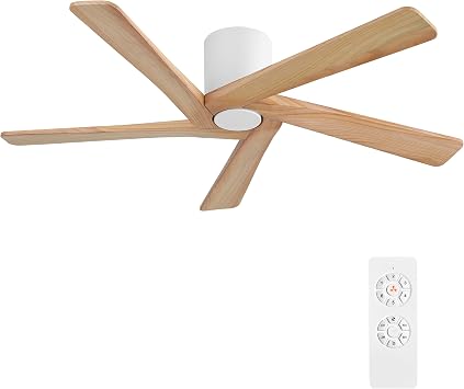 WINGBO 54 Inch Flush Mount Ceiling Fans without Lights, 5 Carved Solid Wood Blades, 6-Speed Reversible DC Motor, Low Profile Hugger Ceiling Fan No Lights for Indoor and Outdoor, White and Natural Wood