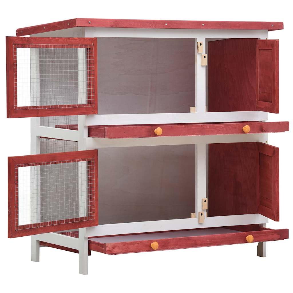 Conejera de madera para conejos, 2 niveles con 4 puertas, jaula para animales pequeños de dos pisos para conejos y conejos, jaula para conejos con cajón, rojo y blanco, 90 x 45 x 90 cm