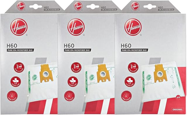 Hoover H60 Vacuum Cleaner Bags, Original, Microfibre, Pure EPA, Anti-Odour System with Activated Carbon, compatible with Hoover Cylinder Vacuums, 4 Pieces *3 packs