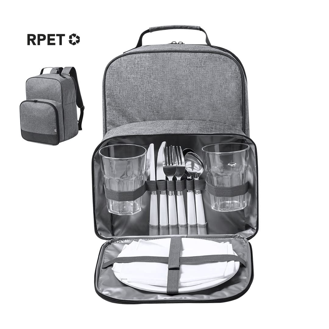 Isolierter Picknick-Rucksack aus Recycling PET für 2 Personen Tasche mit Kühlfach, Edelstahl-Besteck-Set, Servietten, Teller und Gläsern für Paare, Verliebte und Freunde (Grau)