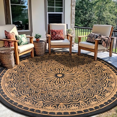 Geanlod Round Outdoor Rugs 8Ft Waterproof Outdoor Reversible Mats Lightweight Plastic Straw Rug Portable RV Camping Mat Floor Carpets for Deck Porch Picnic Beach Garden Black/Camel