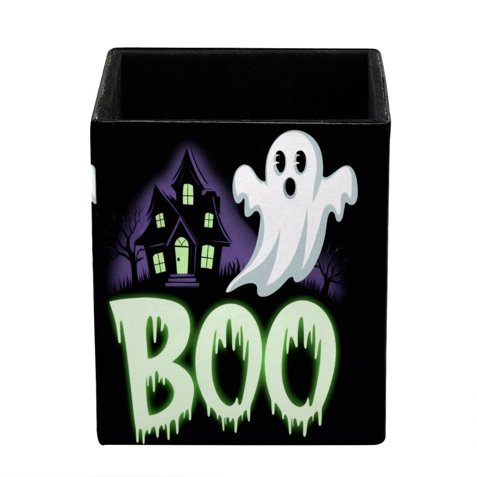 XingFox BOO Ghost Castle Pen Holder for Desk Deco, Sqaure PVC Leather Pencil Cup for Desk Pen Organizer, Makeup Brush Holder for School, Home, Office