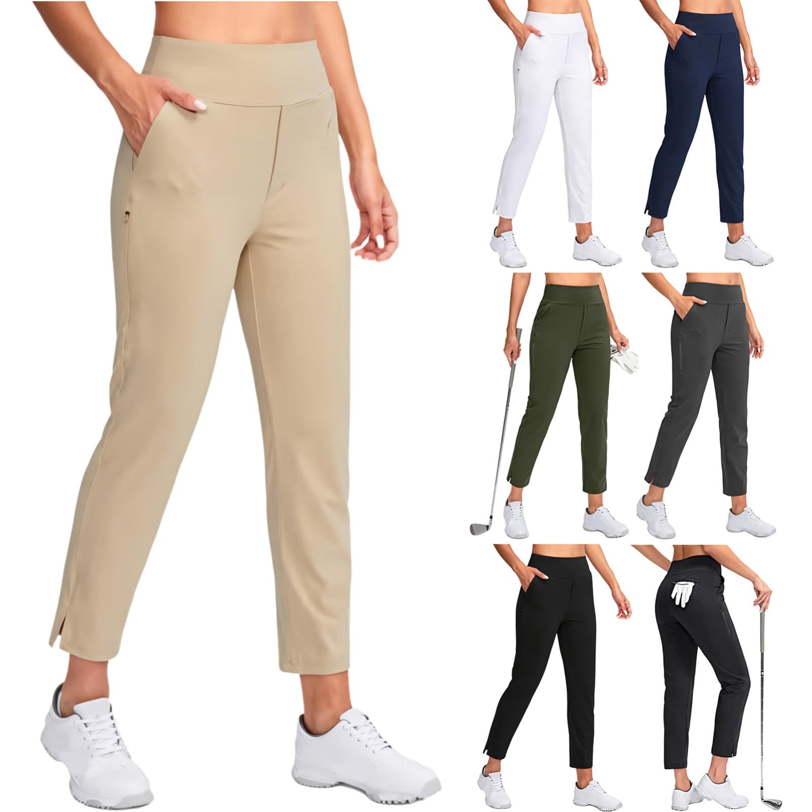 IEFIEL Pantalones de mujer para golf, cintura alta, elásticos, bolsillos, estilo casual, aptos para exterior y negocio