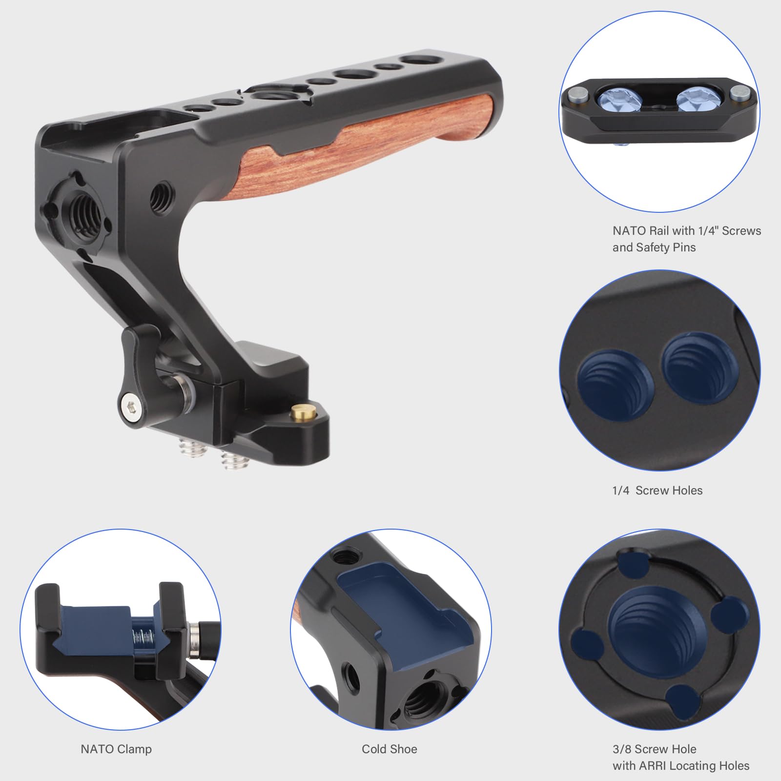 Leftfoto Top Handle Wood & Metal Grip Quick Release Handgrip with NATO Rail Kit,with NATO Clamp Compatible with Camera Cage Video Rig Anti-Off Designed - Image 2