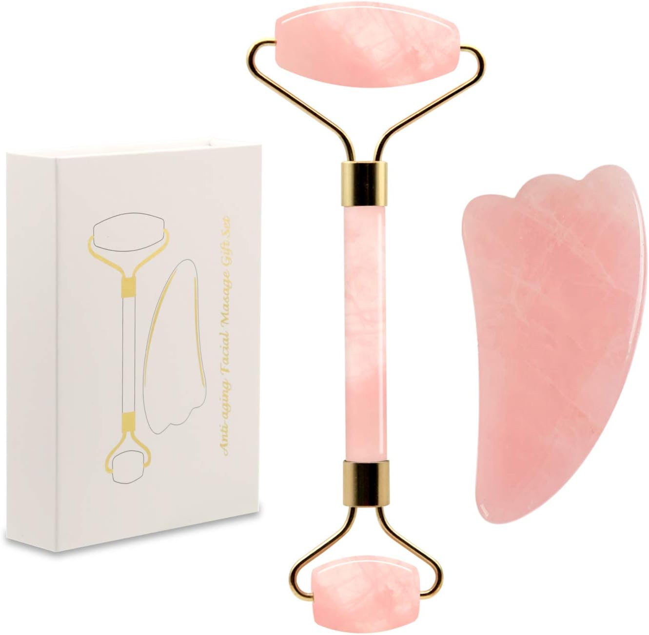 Jade Roller and W Gua Sha Scraping Facial Tools Set，Rose Quartz Facial Roller，100% Real Jade Stone， Natural Anti-Aging Facial Massage Kit，Treat Eye Bags Anti-Aging Dermal Massage Beauty Tools …