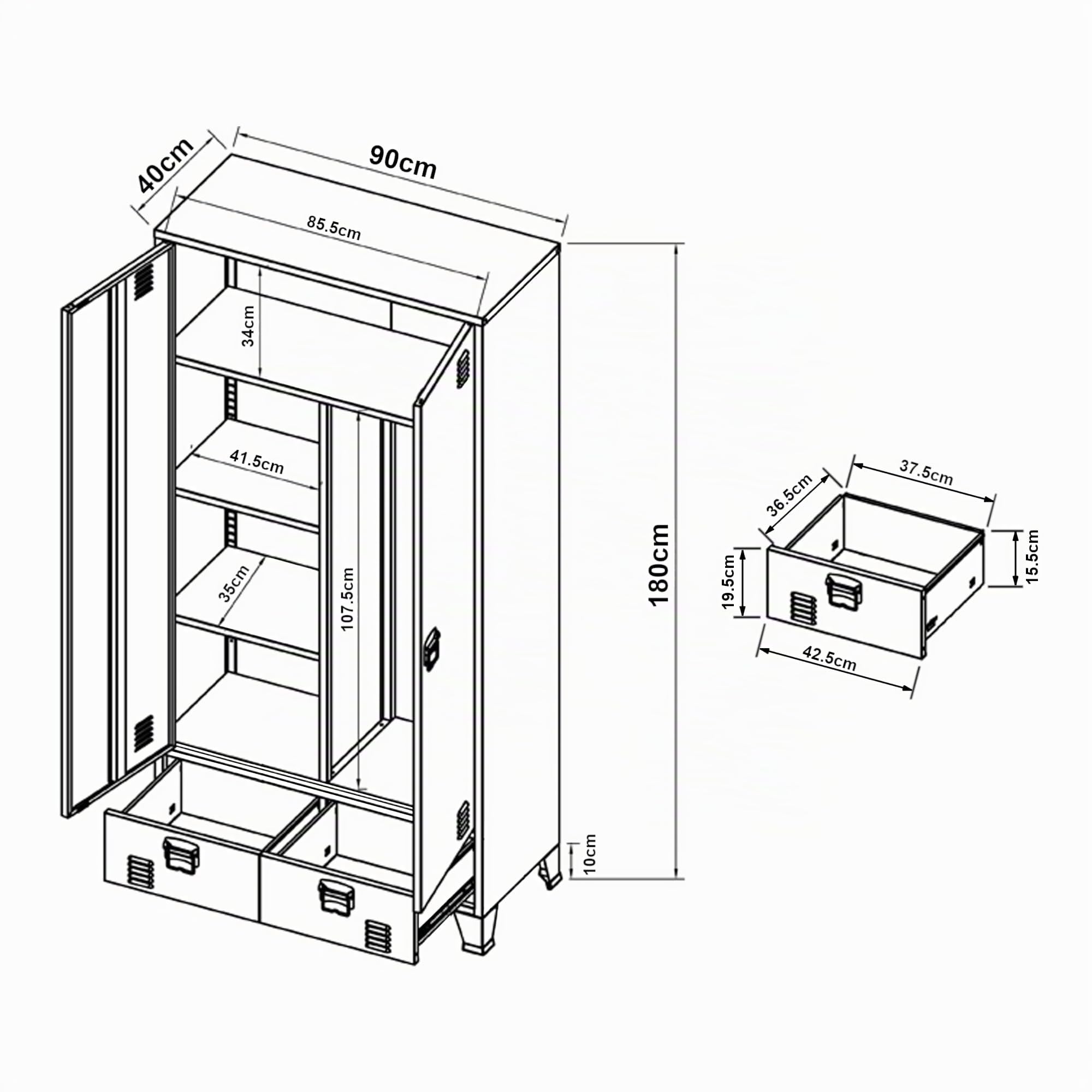 [en.casa] Armario Ropero Hankasalmi Armario Dormitorio Guardaropa 2 Puertas con Ranuras de Ventilación Perchero 4 Compartimentos Estantes Regulables 2 Cajones Acero 180 x 90 x 40 cm - Negro