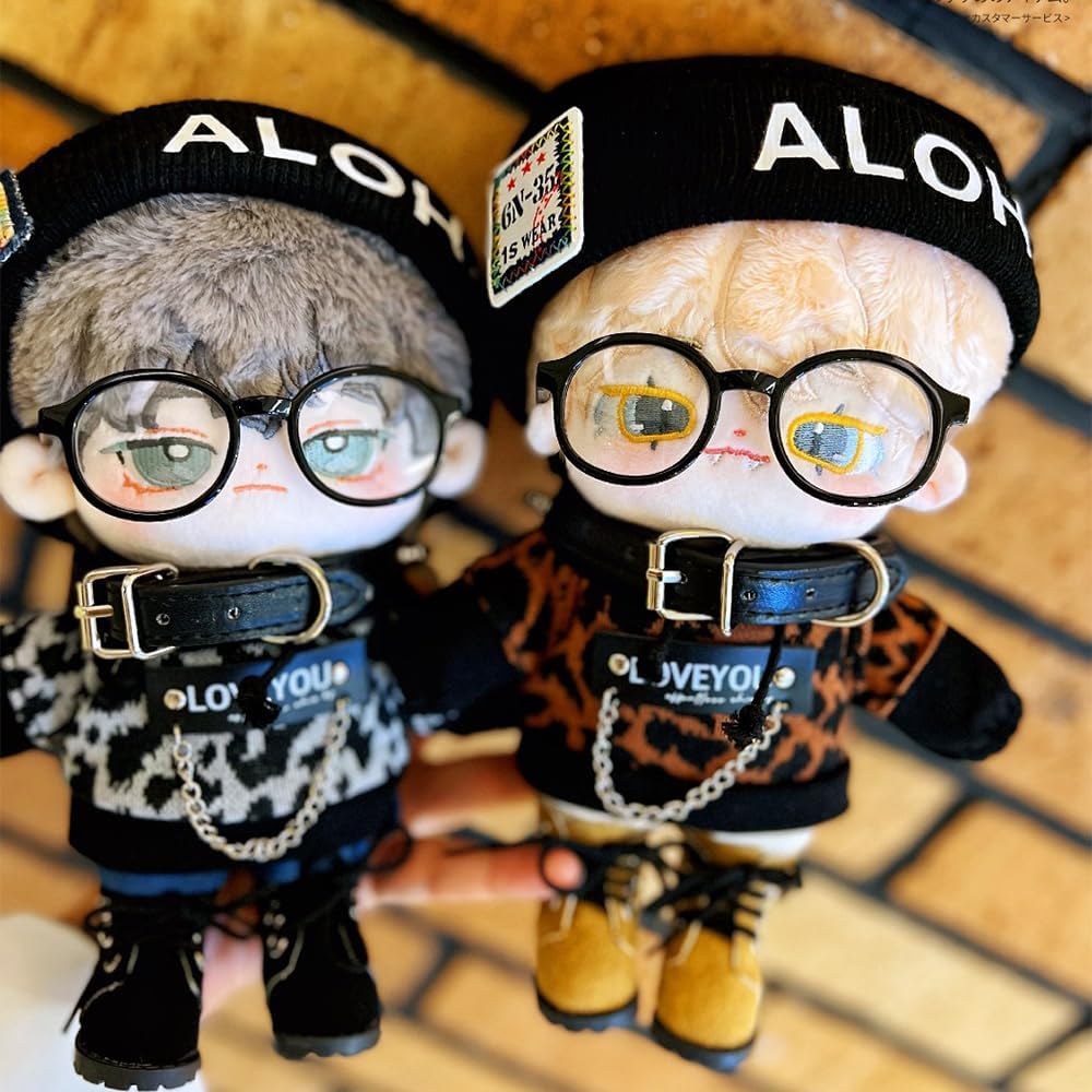 niannyyhouse 20cm Plush Doll Clothes Cool Leopard Print Suit Loose Elastic Hat Hoodie Pants Collar Glasses Shoes 8in Soft Stuffed Plush Toy Dress Up (Brown+Black, 20cm)