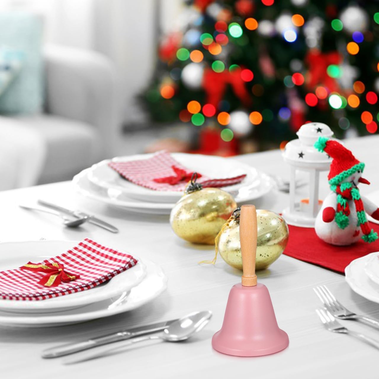 MAGICLULU Pink Christmas Bell with Wood Handle, 4.72 Inch Metal Bell for Xmas Restaurant Customer Service Jinglebell for Home Christmas Decor