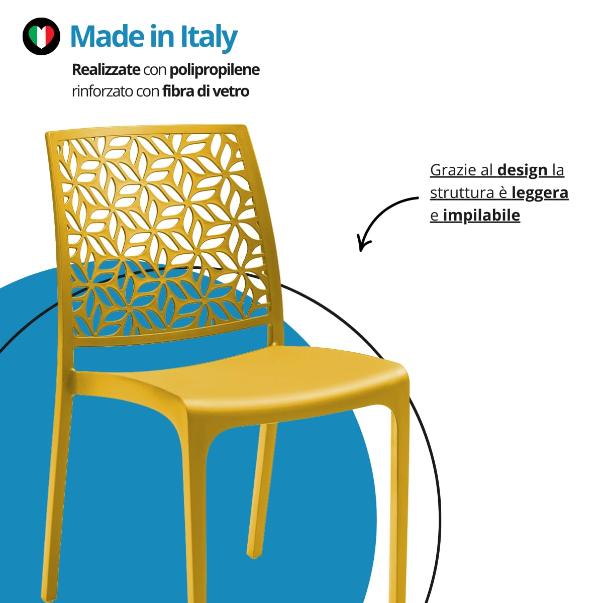 Tomaino - Sedia in Plastica Da Cucina - Set 6 Sedie Plastica Impilabili Con Braccioli Per Esterno e Interno - Sedie per Giardino, Soggiorno, Balcone o Bar (4, Giallo)