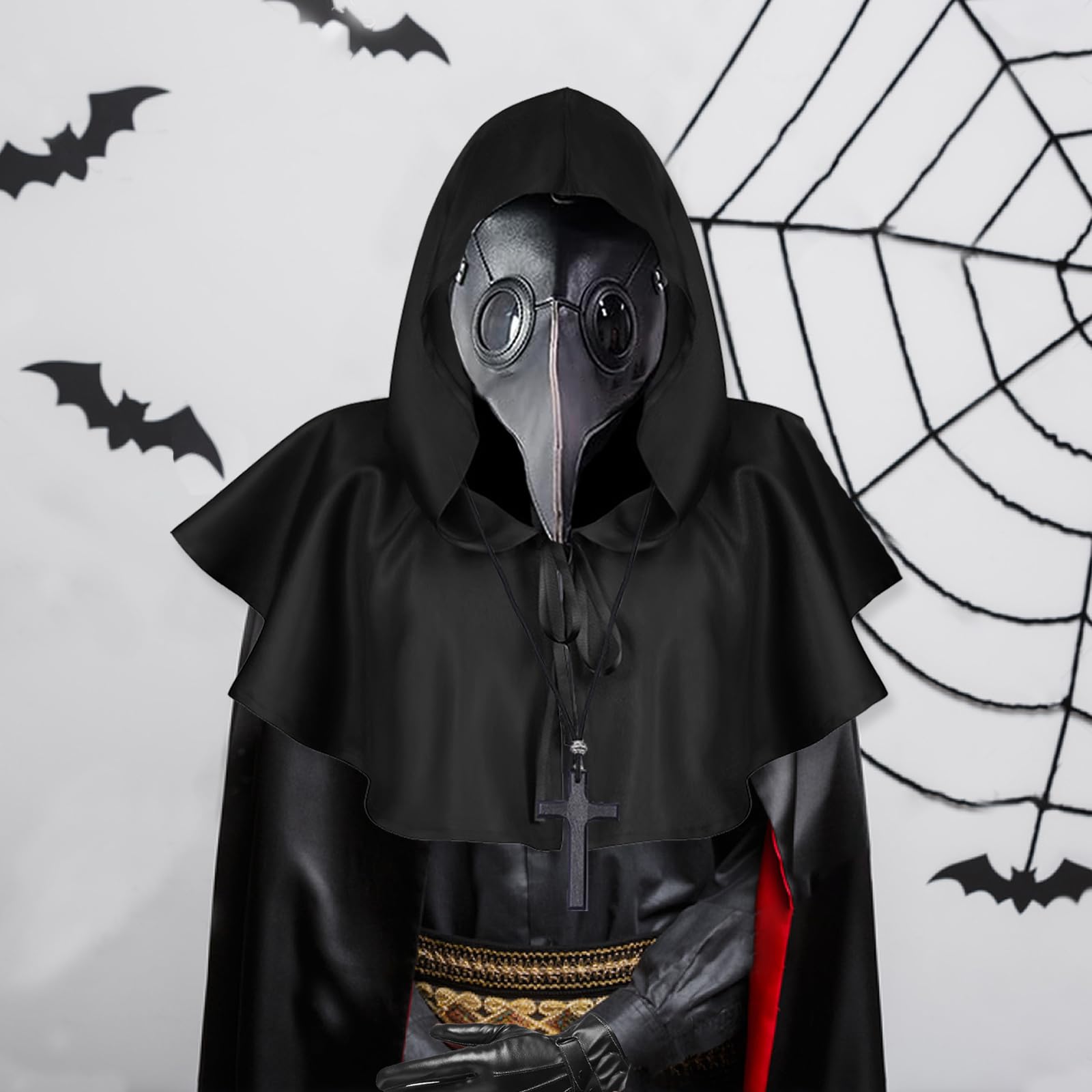 Medico Della Peste Costume Maschera Medico Della Peste Halloween Cosplay Uomo Steampunk Maschera Dottore Della Peste Crocifisso Collana Legno Pelle Guanti Mantello con Cappuccio per Carnevale Festa