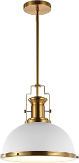 JONATHAN Y JYL9536D 13" Modern Industrial Dome Pendant Light - White Brass Gold Farmhouse Hanging Fixture for Kitchen Island