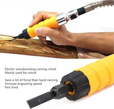Electric Chisel Tool, 9pcs Flexible Shaft Electric Wood Chisel Carving Set Wood Engraving Tools Yellow Handle with Wrench and 5 Blades for Woodworking