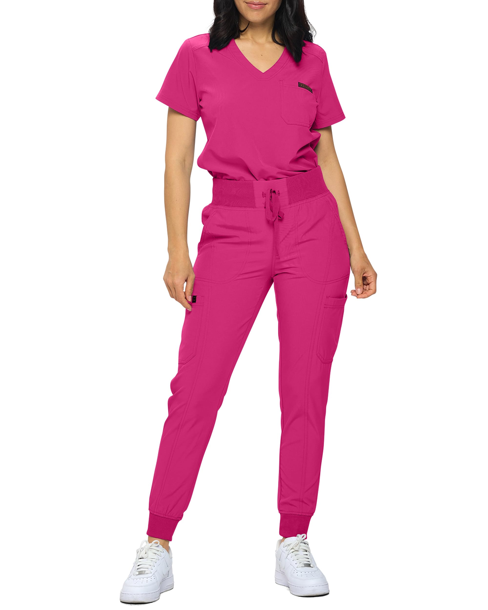 Monarch Uniforms Slim Fit Stretchy Scrubs Women's Jogger Scrub Set Slim Jogger Scrubs with Tuck-In Top for Women, Hot Pink, 3X-Large Regular