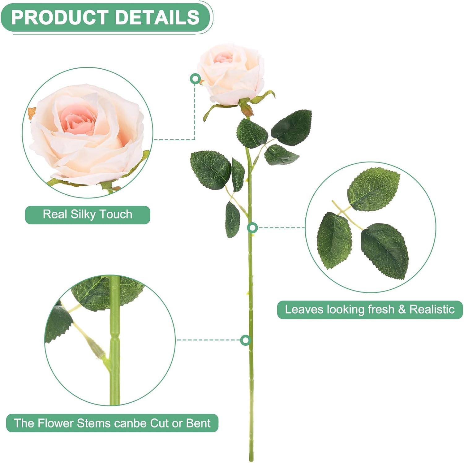 M METERXITY 20-Pack Rose Artificial Flowers with Long Stem, Silk Faux Roses Plastic Bouquets Real Touch Faux Flowers for Home Decor/Wedding/Christmas/DIY/Party/Garden Office [Champagne Pink]