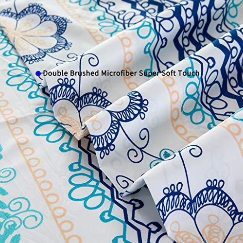 Image of JSD Vintage Blue Boho Floral Printed Sheet Set Twin Size Deep Pocket | 3 Piece Soft Botanical Microfiber Sheets, OEKO-TEX Certified, Easy Care