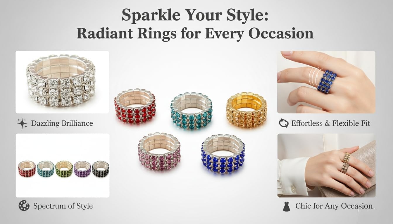 Sparkling Rhinestone Ring Set Trendy Elastic Rhinestone Crystal Stretch Ring Stackable Jewelry for Women Girls