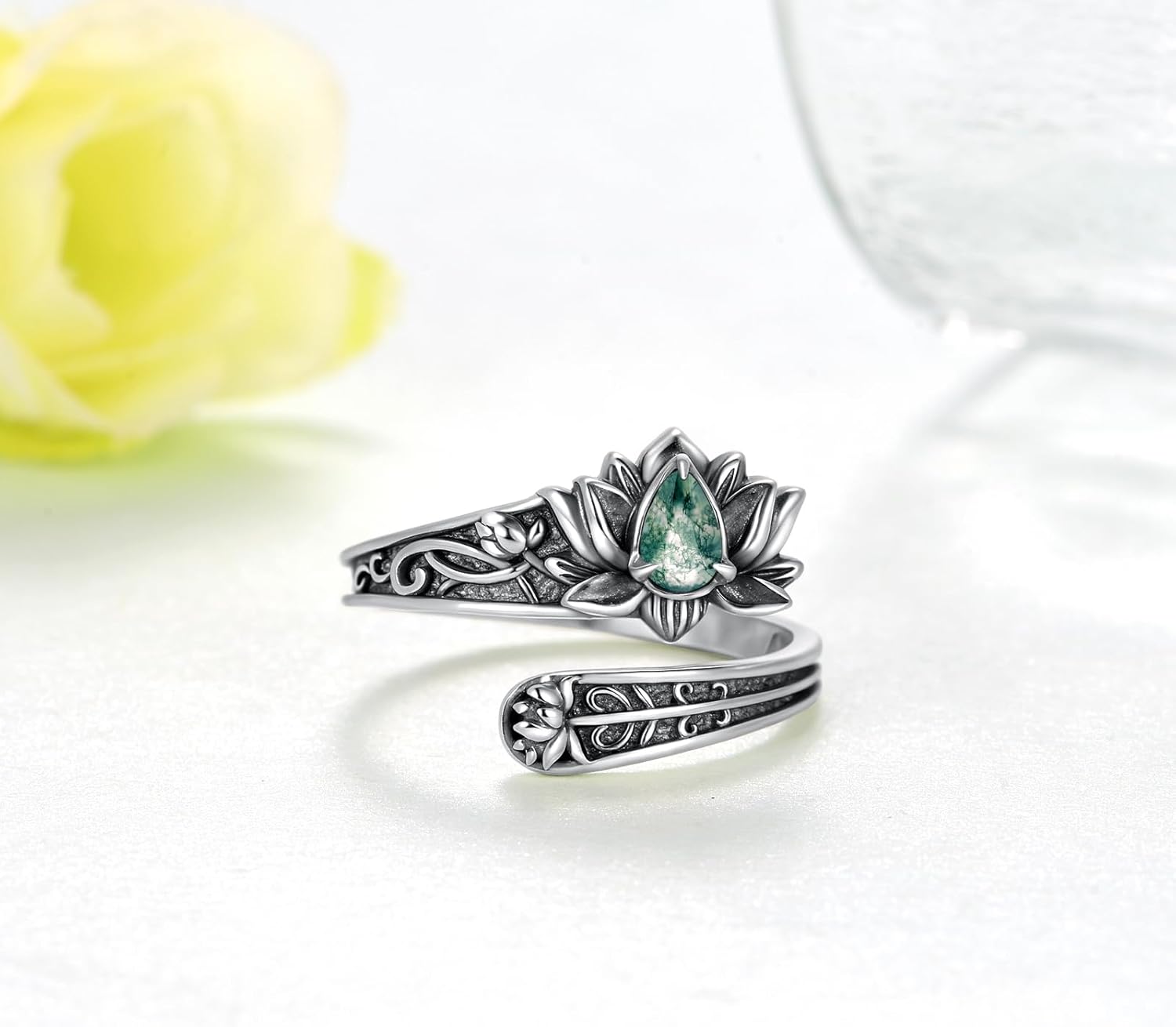 Spoon Rings 925 Sterling Silver Moss Agate Jewelry Lotus Flower Decor Thumb Ring Flower Gifts for Women
