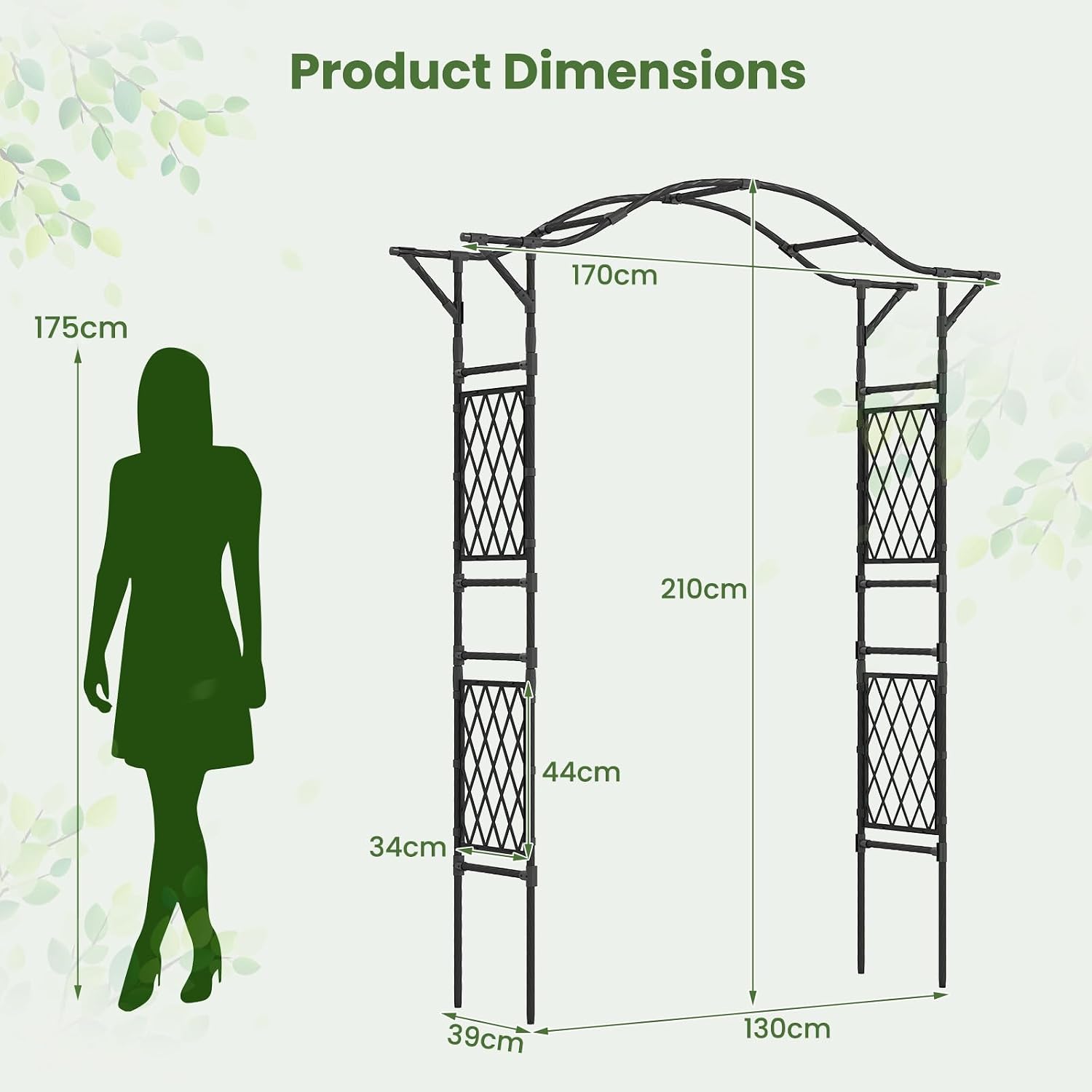 TANGZON Garden Arch, Heavy Duty Metal Frame Pergola Arbor Trellis, Outdoor Plants Roses Vines Climbing Plants Support Archway for Wedding Party Lawn Walkway (Black, 170 x 39 x 210 cm)