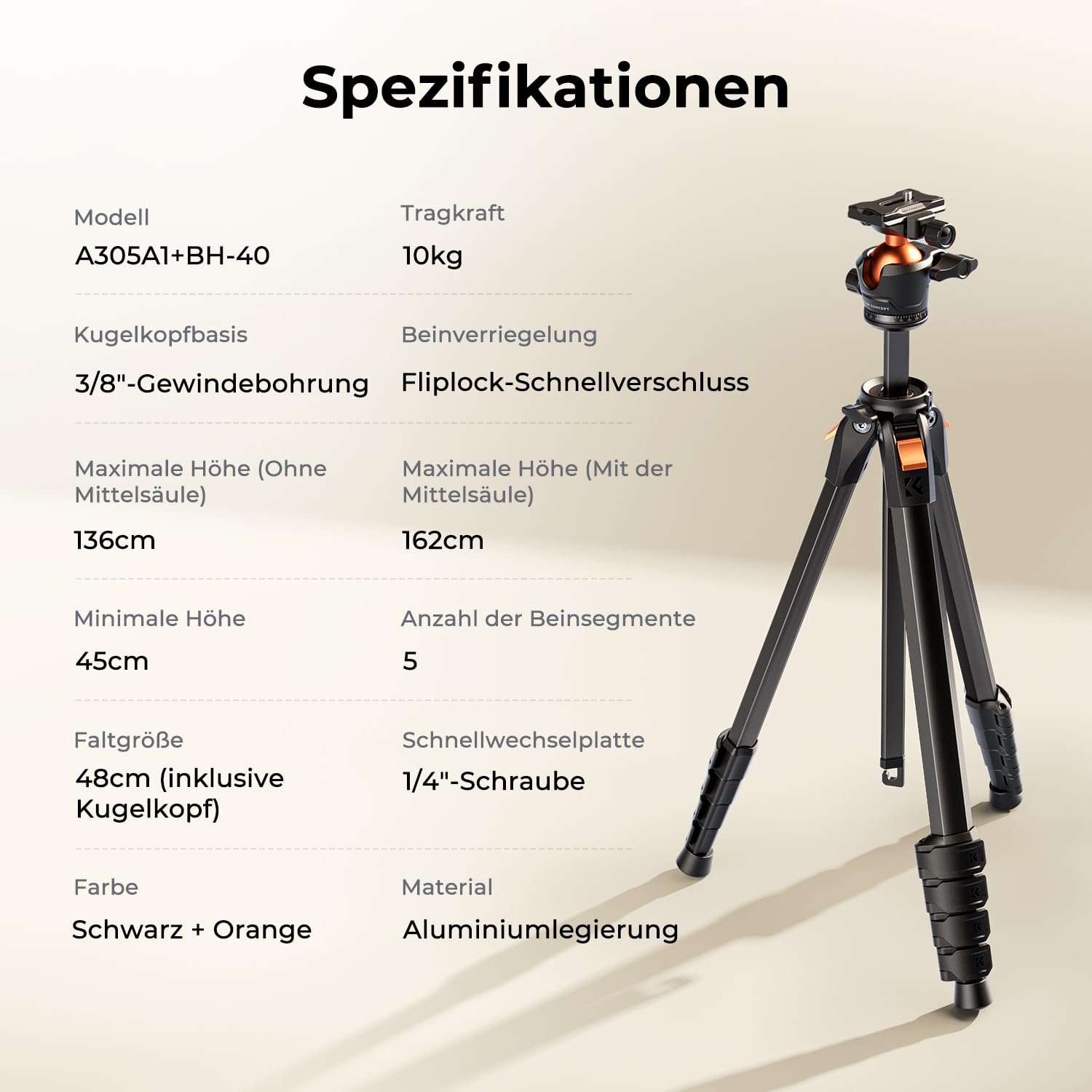 K&F CONCEPT Kamera Stativ Handy Stativ, Schwarz-Orange | Tripod für Smartphone mit Handy Tablet Halterung, Aluminium Reisestativ, Vorwärtsklappbar, 10KG+162CM, Kugelkopf A305A1+BH-40