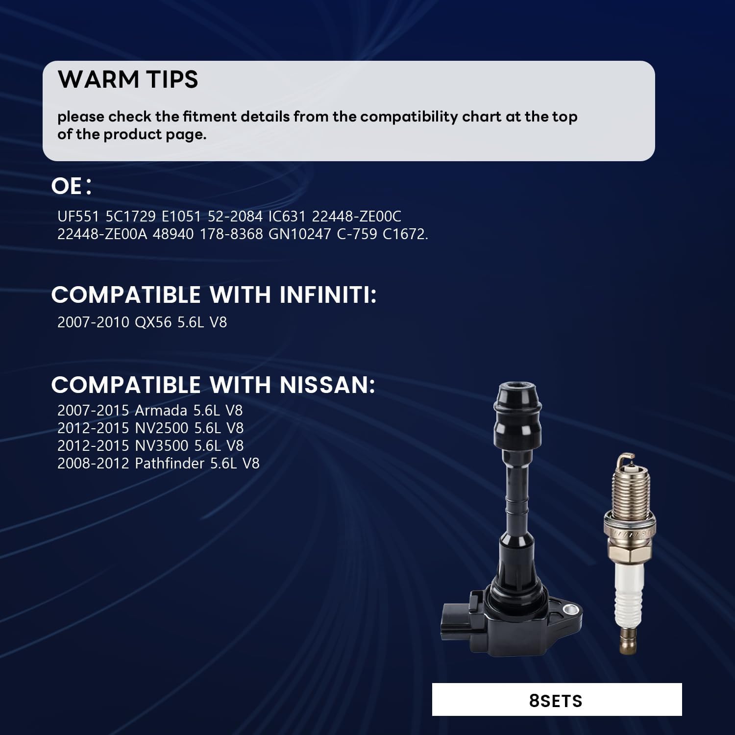 Ignition Coil Pack UF551 and Iridium Spark Plugs (Set of 8) Compatible with INFINITI 07-10 QX56,Compatible with Nissan 07-15 Armada, 12-15 NV2500 NV3500, 08-12 Pathfinder For 22448-ZE00C
