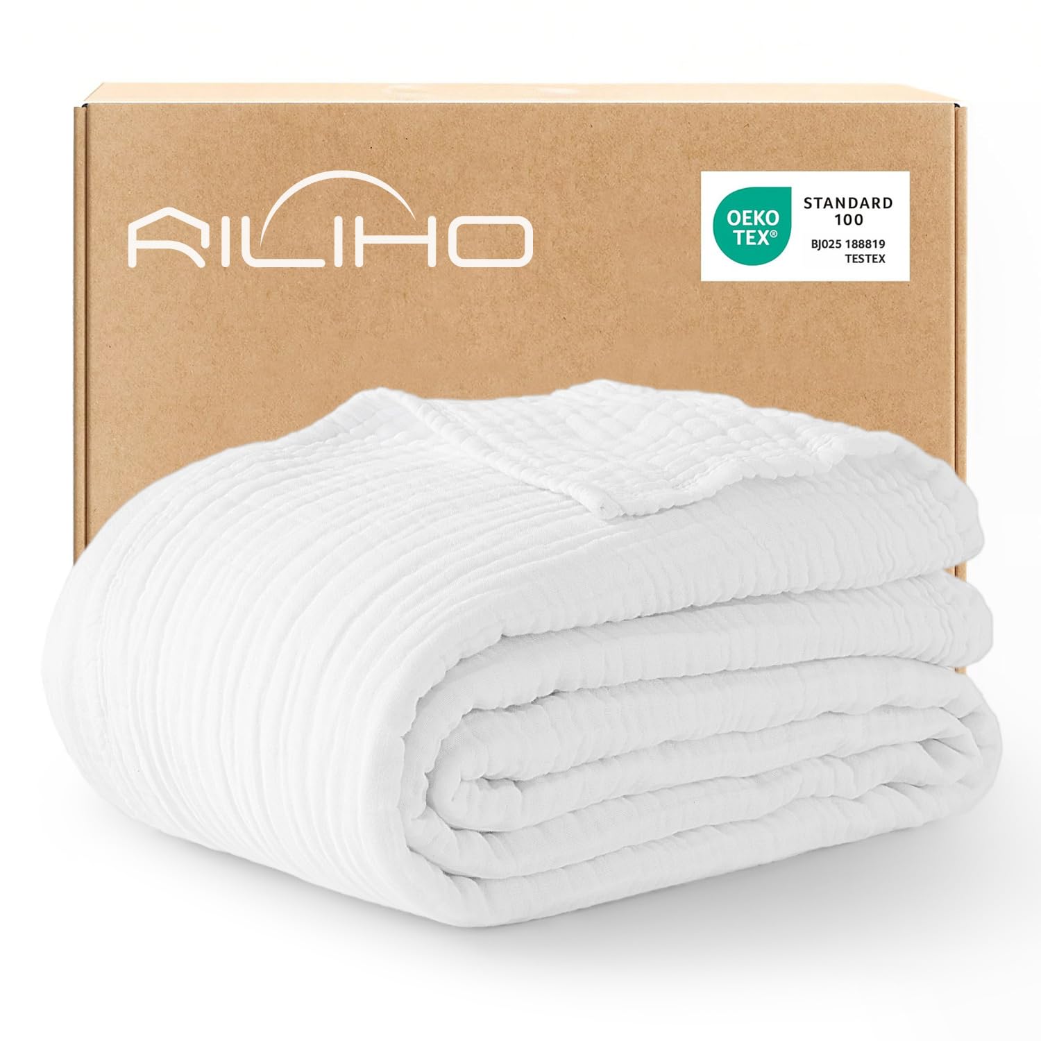 RILIHO 100% Cotton Muslin Blanket Adult 229 x 229 cm, Cooling Summer Blanket, 6 Layers Lightweight and Breathable Throw Blankets for Bed, Soft Cold Blanket for Sleeping, White