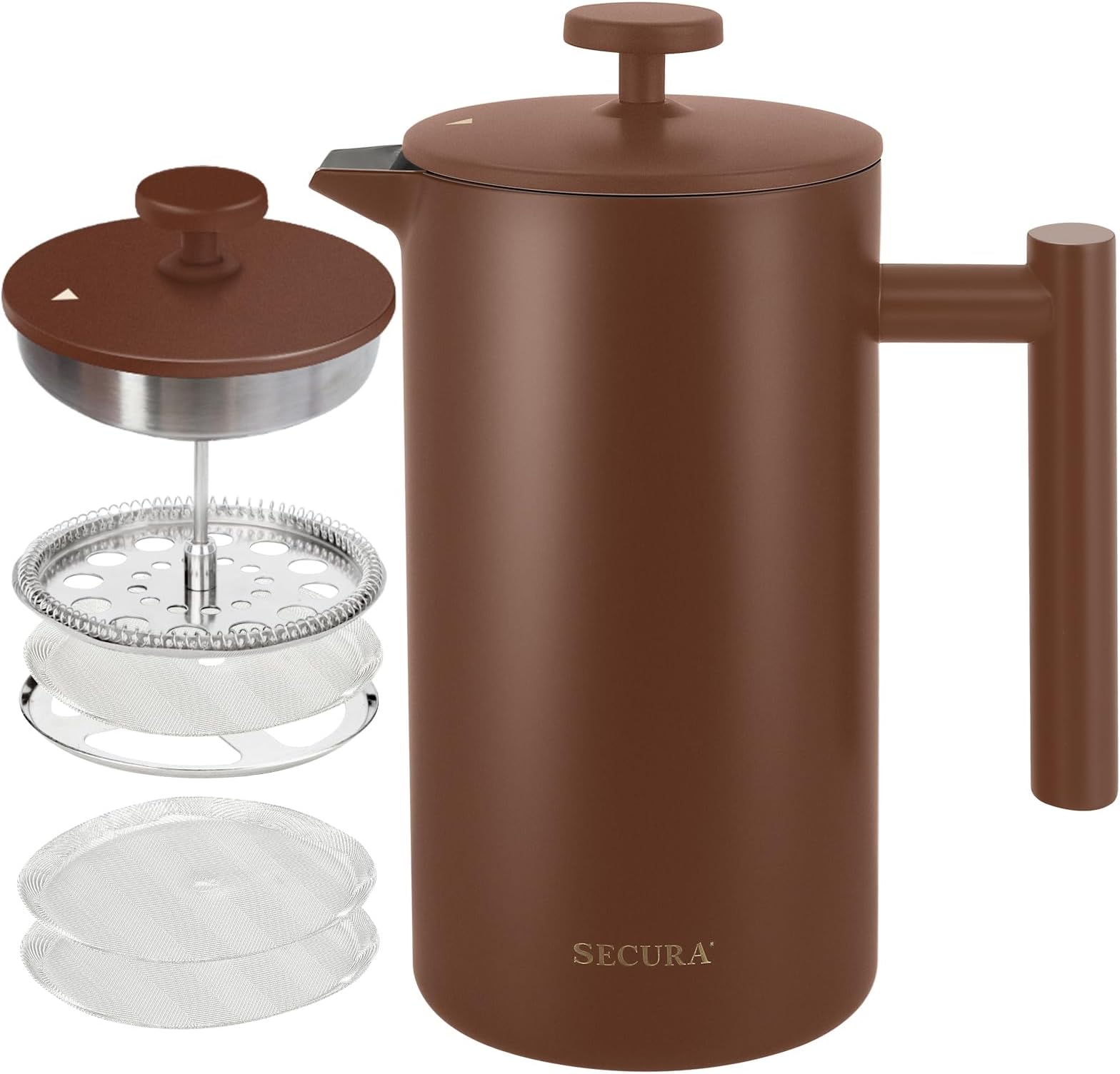 Secura French Press Coffee Maker, 304 Grade Stainless Steel Insulated Coffee Press with 2 Extra Screens, 34oz (1 Litre), Coffee