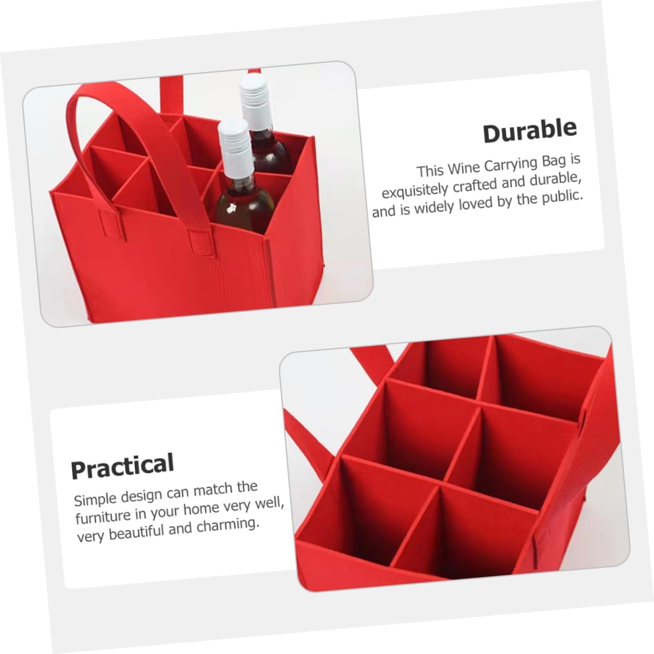 Red Felt Carrying Wine Bag for 6 Bottles Divided Storage