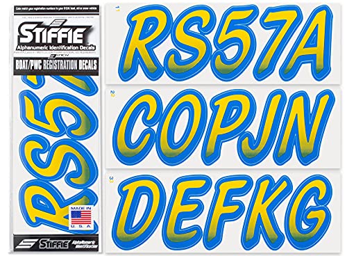 Image of STIFFIE Whipline Yellow /Blue 3 inch Boat & PWC Registration Decals • Numbers Letters Stickers