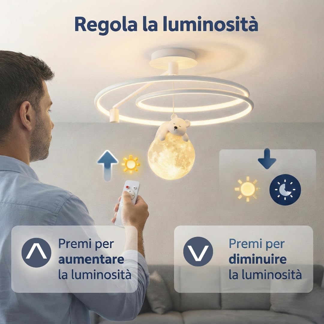 MAKA Lampadario LED Cameretta Bambini 60W Dimmerabile con Telecomando, Orsacchiotto sulla Luna, Luce Calda Naturale Fredda 3000K–4200K–6400K, Bianco, Plafoniera 15 cm, Ø 50 cm (60 Watt)
