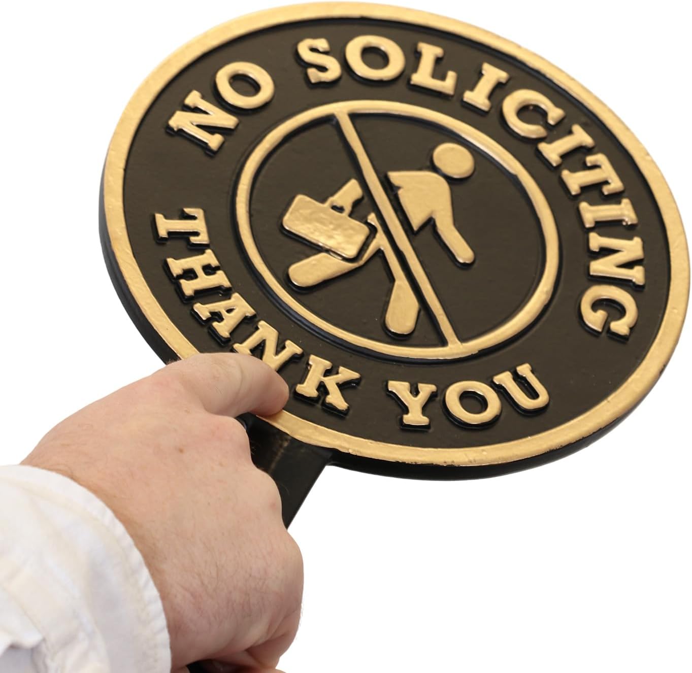 SmartSign No Soliciting Thank You Yard Sign for Lawn/Outdoor - Single-Sided, 17 x 7.5 inch, 375 mil Thick Rustproof Cast Aluminum Metal Plaque, Black and Gold