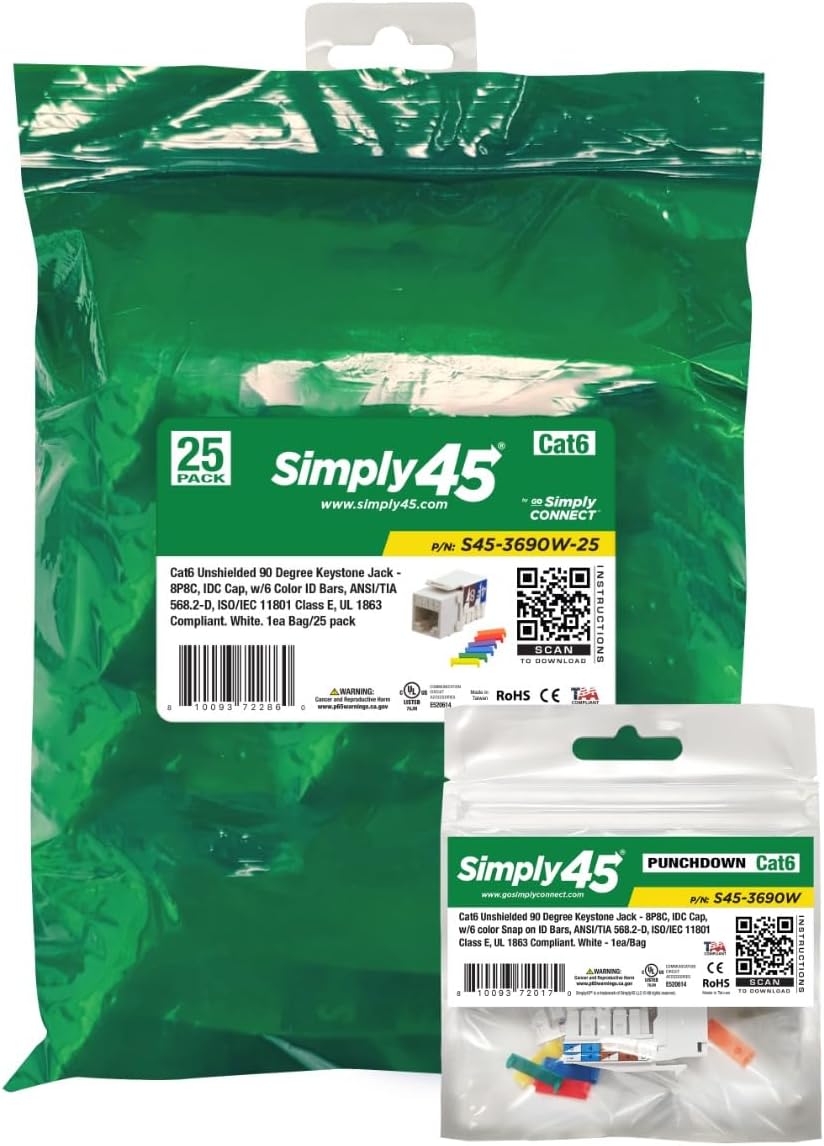 Simply45 Cat6 Unshielded 90 Degree Keystone Jack - White, 25 Pack - 8P8C, IDC Cap, ANSI/TIA 568.2-D, Supports S45 Snap-On ID Bars - S45-3690W-25